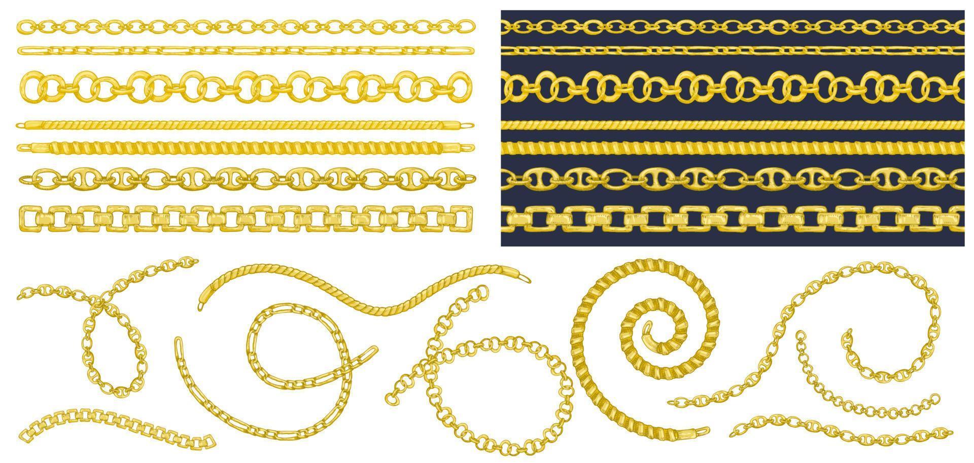 conjunto de patrones de pincel con cadena de oro retro dibujada a mano sobre fondo oscuro. textura de grabado de dibujo. gran diseño para moda, textil, marco decorativo, tarjeta estilo yate. vector