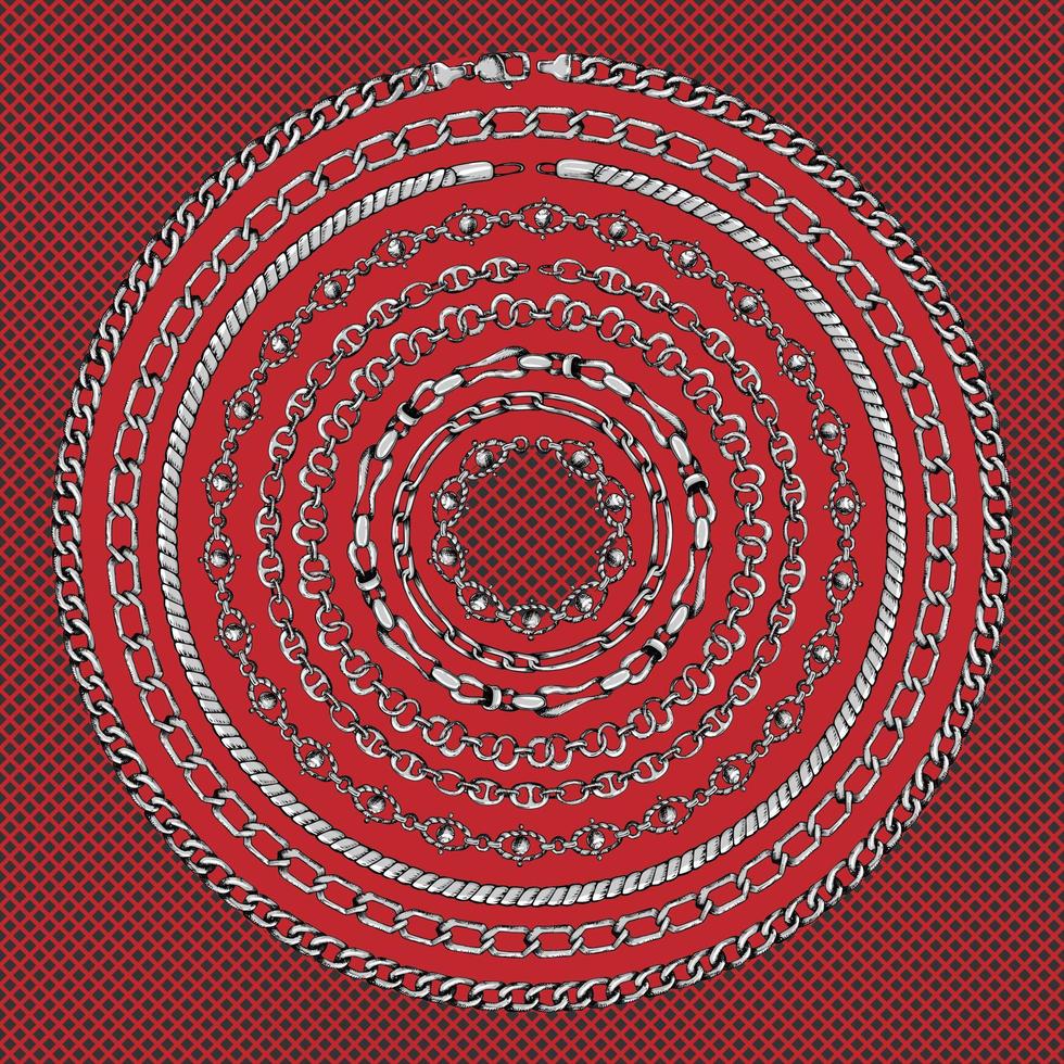 Border pattern with retro hand-drawn sketch silver chain on dark red background. Tranding drawing print for scarf or bandana. vector
