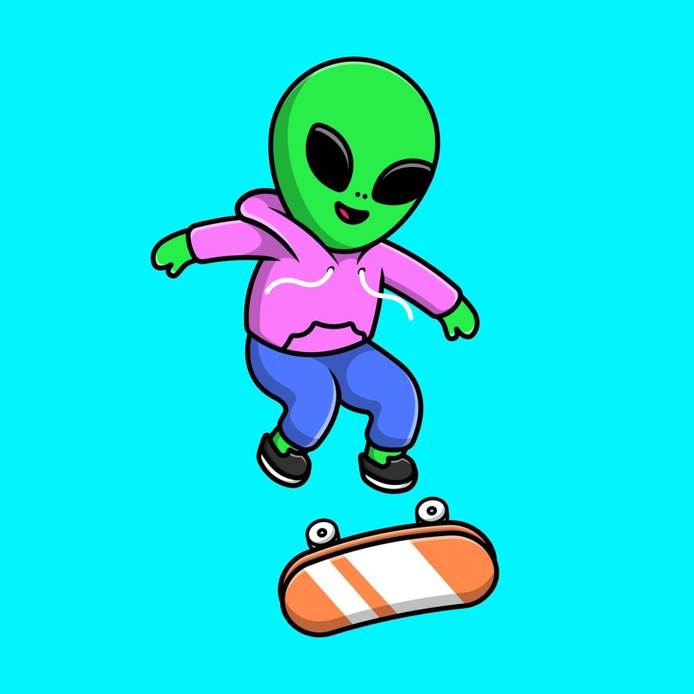 Cool Alien Playing Skateboard Cartoon Vector Icons Illustration. Flat Cartoon Concept. Suitable for any creative project.