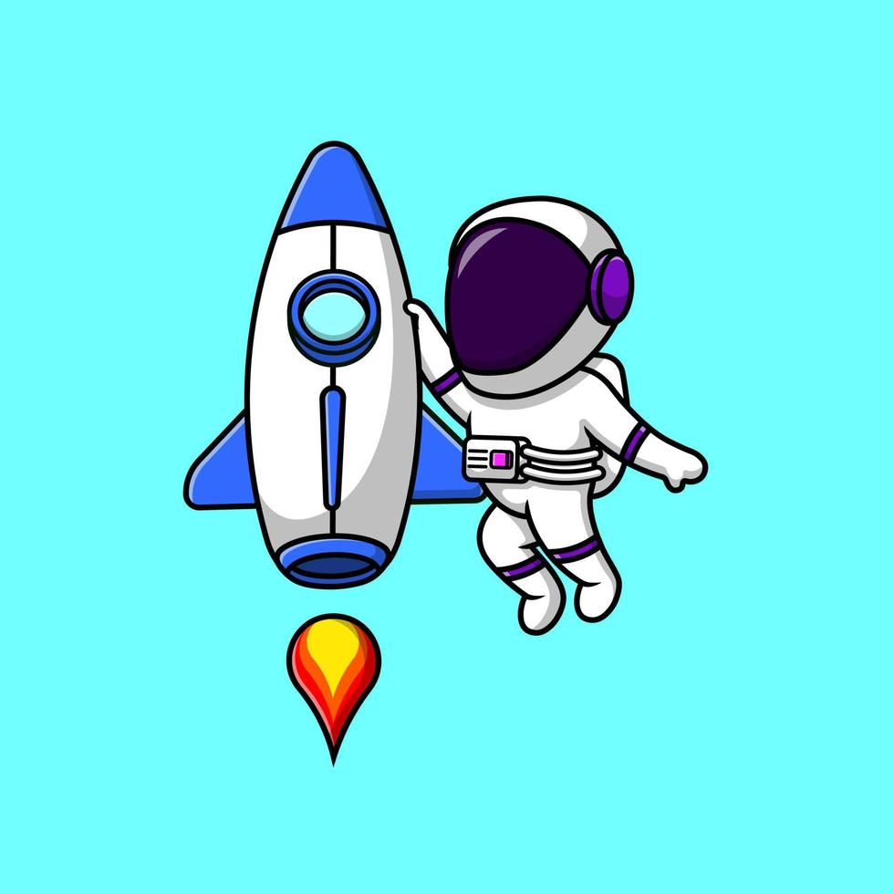 lindo astronauta volando con ilustración de iconos de vector de dibujos animados de cohetes. concepto de caricatura plana. adecuado para cualquier proyecto creativo.