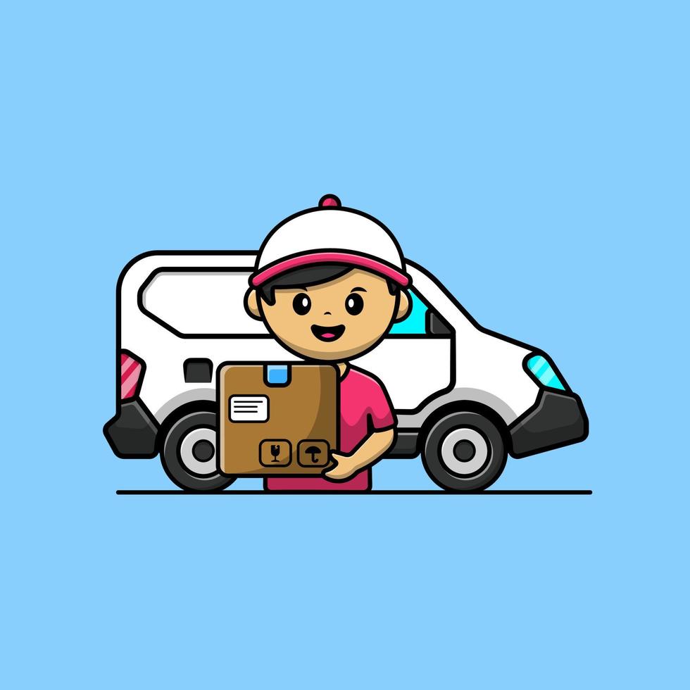 repartidor con caja y camión caricatura vector iconos ilustración. concepto de caricatura plana. adecuado para cualquier proyecto creativo.