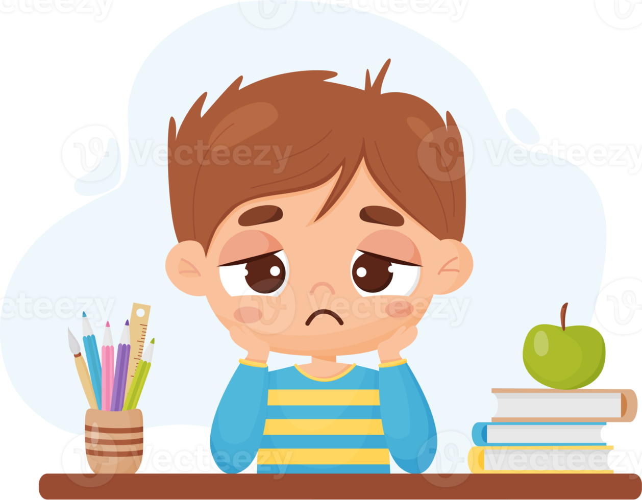 Sad pensive boy at table with books and stationery png