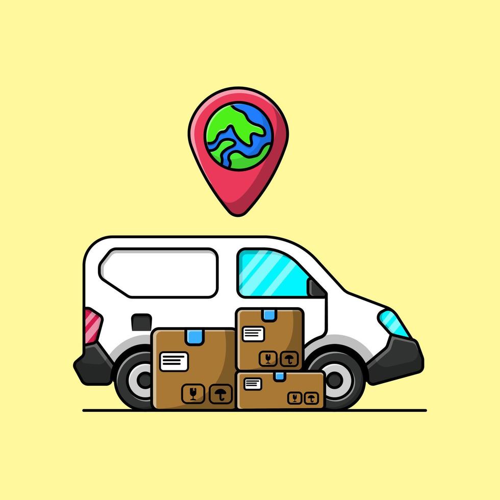 camión de reparto con ilustración de iconos de vector de dibujos animados de caja y ubicación. concepto de caricatura plana. adecuado para cualquier proyecto creativo.