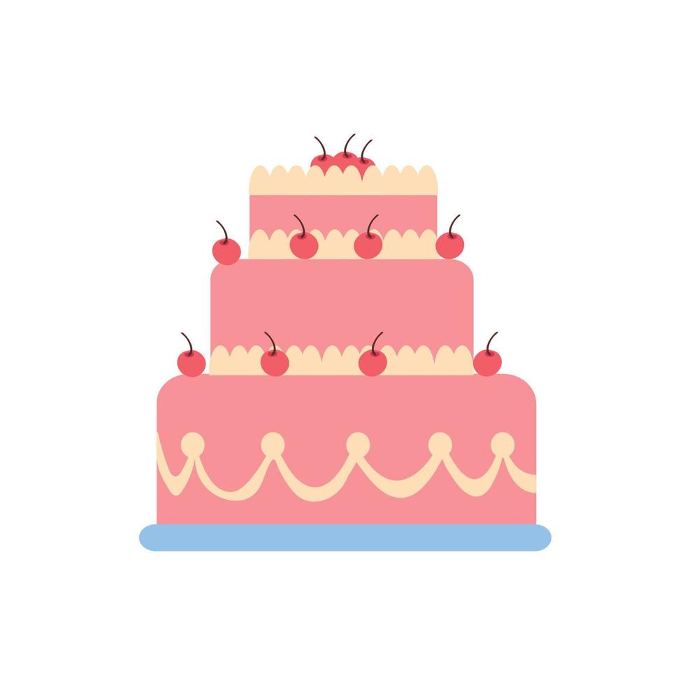 Three-tiered cake with fresh cherries. Color image on a white background. Flat style vector
