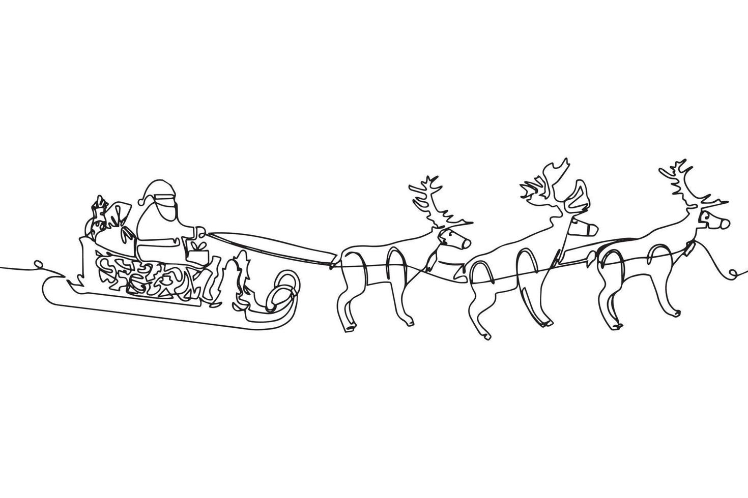 One line drawing. Vector cartoon sleigh with reindeer, Santa Claus sleigh. Christmas element with cute deers