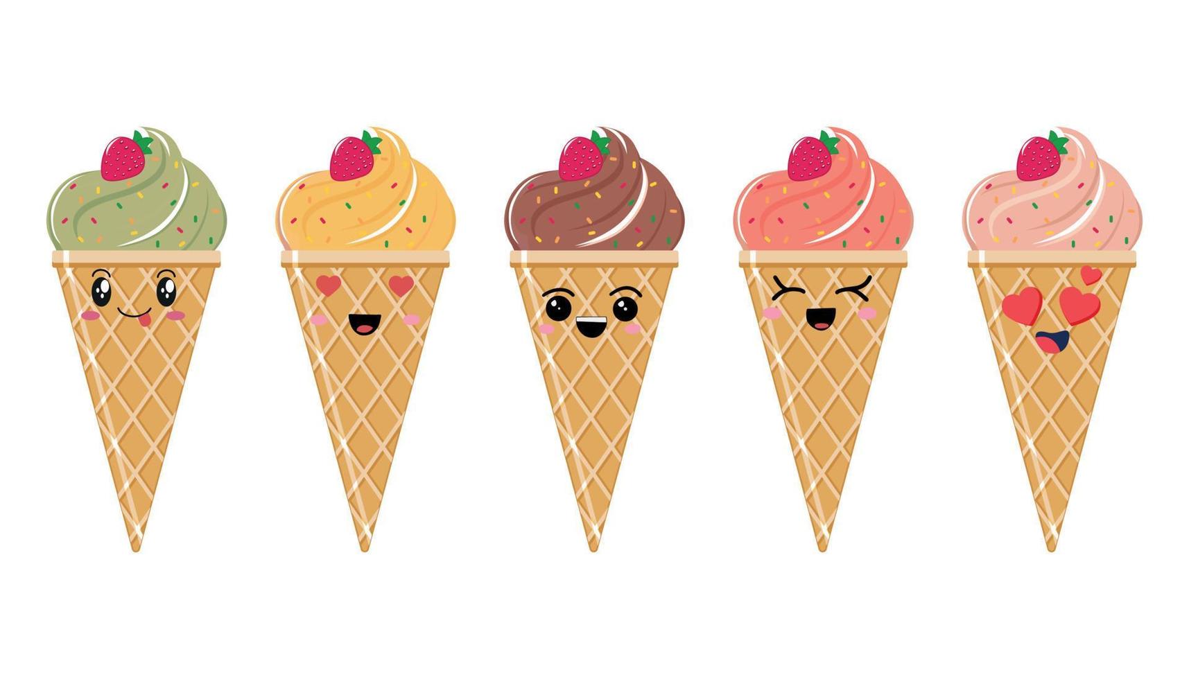 Kawaii style ice cream set, set of cute emoji icons. Hand drawn emotional cartoon characters, funny positive emotions. Vector illustration isolated on white background.