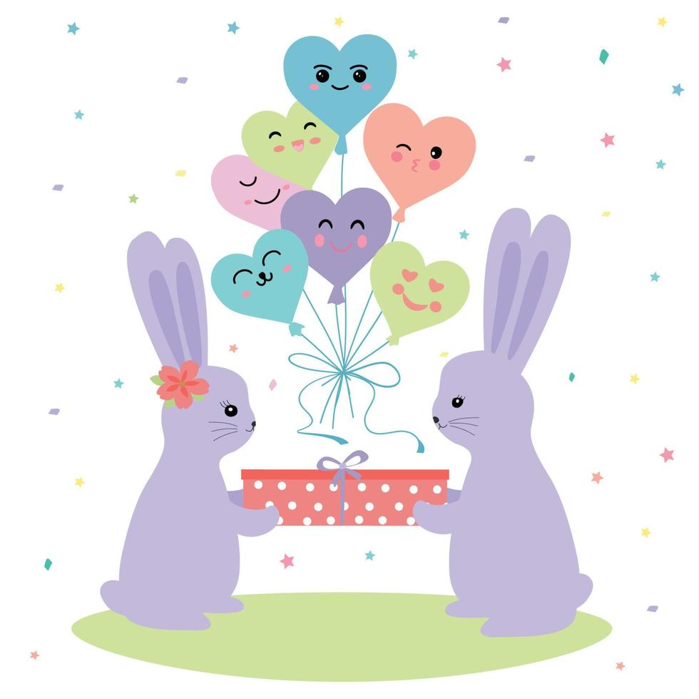 tarjeta de felicitación. ilustración con lindos conejitos, bolas florecientes. Imágenes en un fondo blanco vector