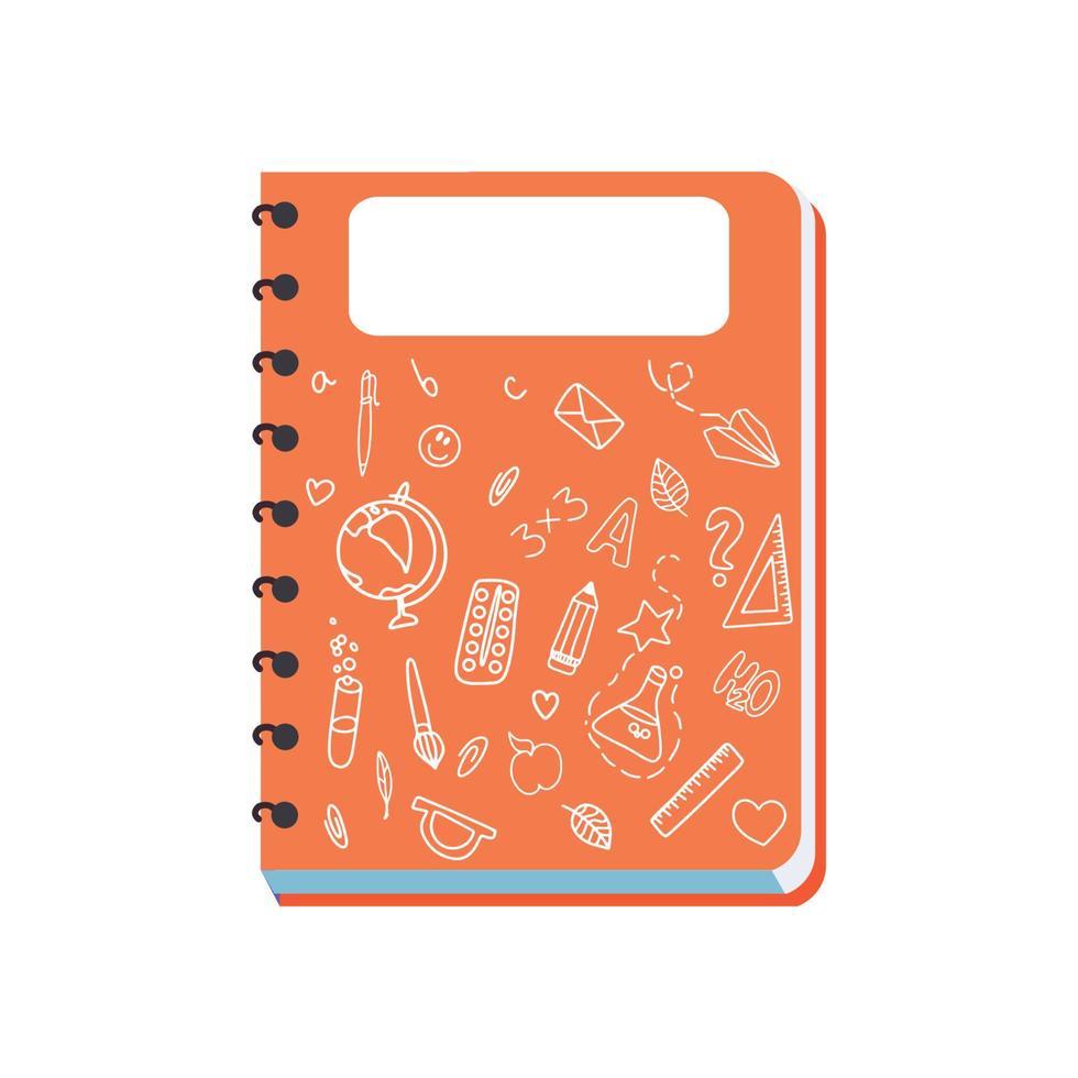 cuaderno naranja con anillos y dibujos de garabatos. computadora portátil. ilustración vectorial aislado sobre fondo blanco. vector