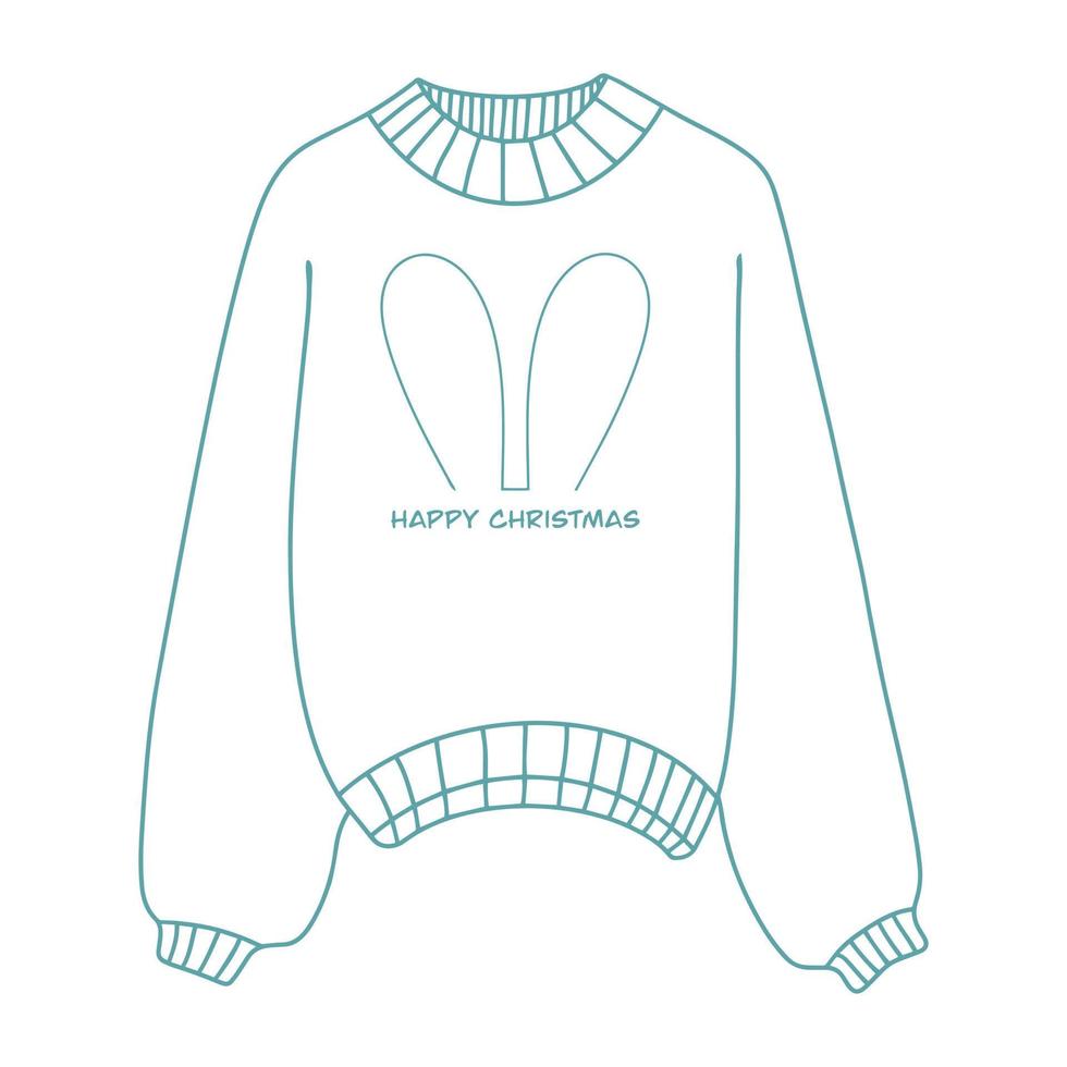 Linear winter sweater badge. Winter sweater with rabbit ears. A winter sweater icon with a thin line highlighted on a white background. Vector illustration.