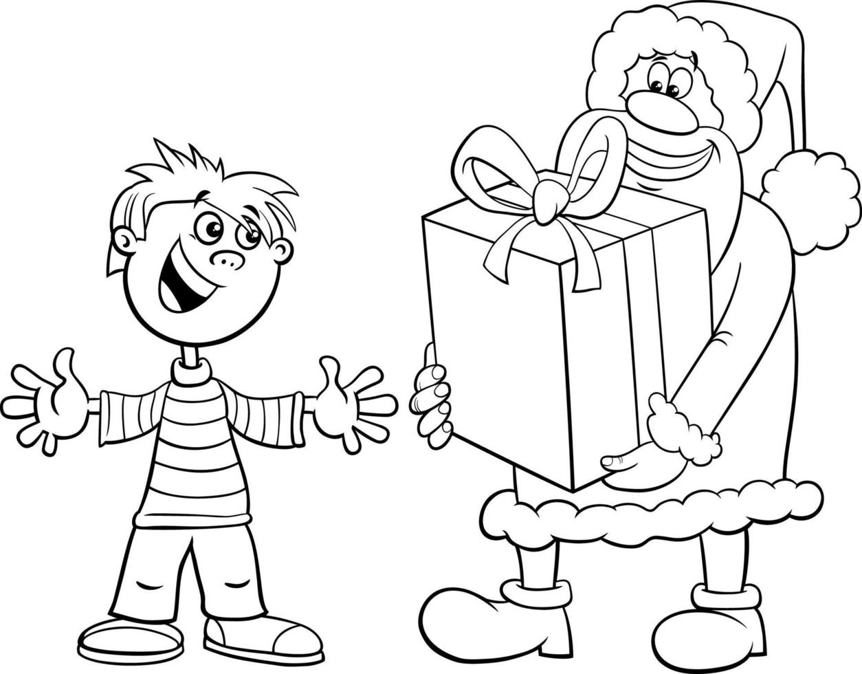 cartoon Santa Claus giving big present to a boy coloring page vector