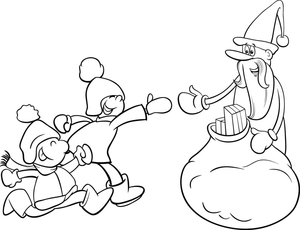 cartoon Santa Claus giving Christmas gifts to kids coloring page vector