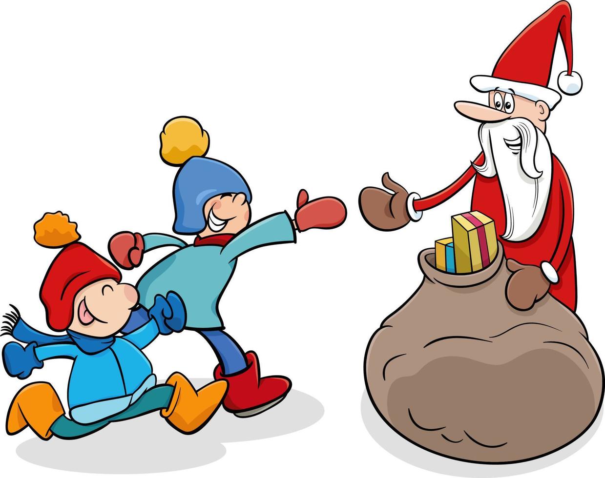 cartoon Santa Claus character giving Christmas presents to kids vector