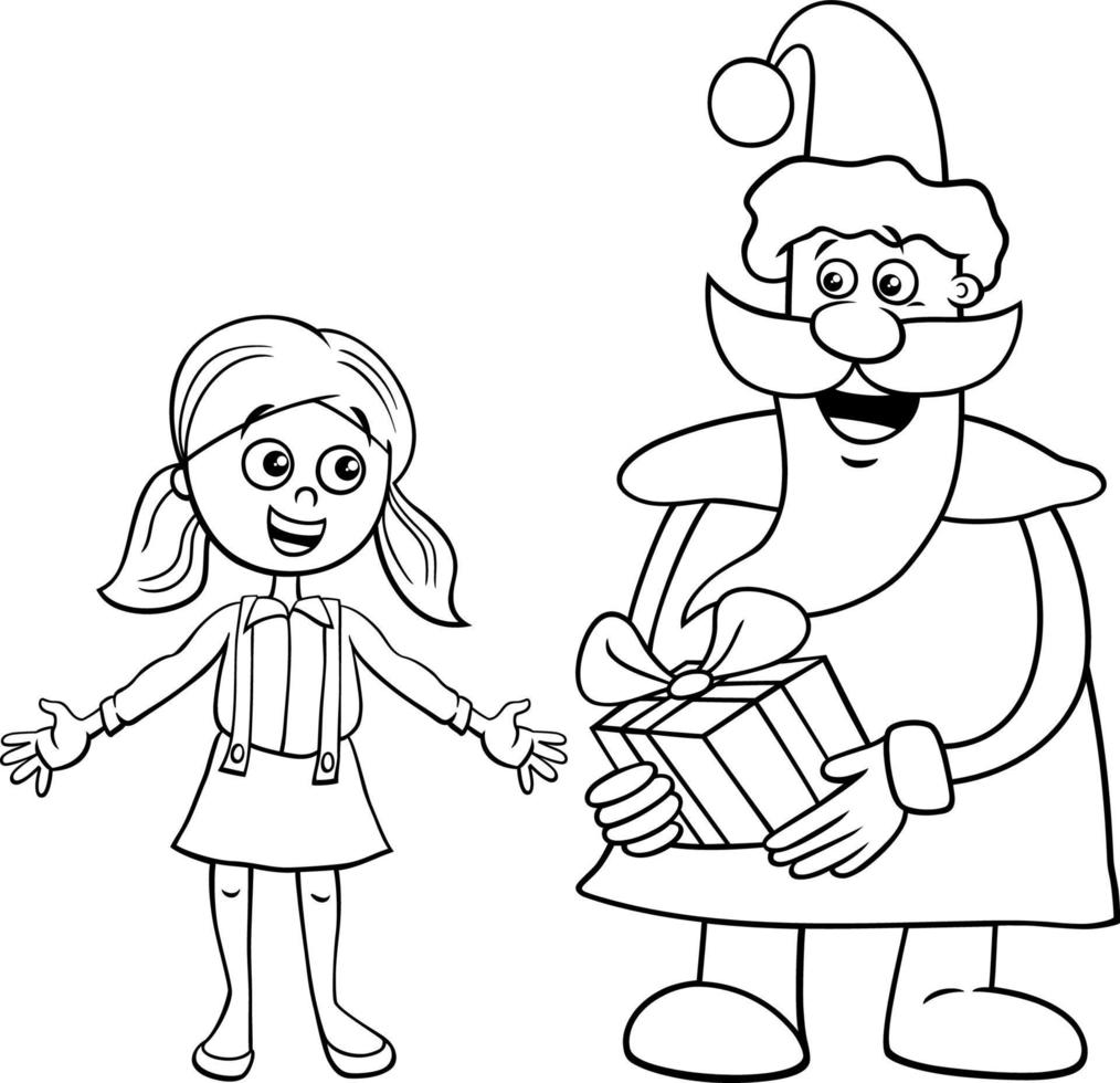 dibujos animados de santa claus dando un regalo a una niña para colorear página vector