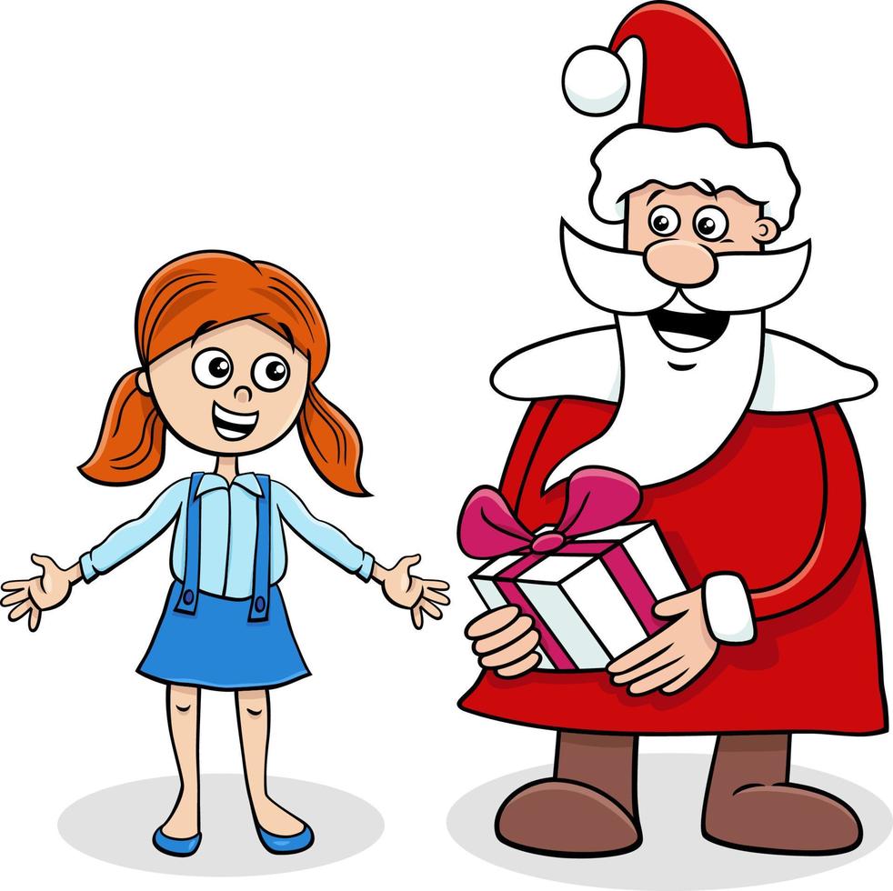 cartoon Santa Claus giving Christmas gift to little girl vector