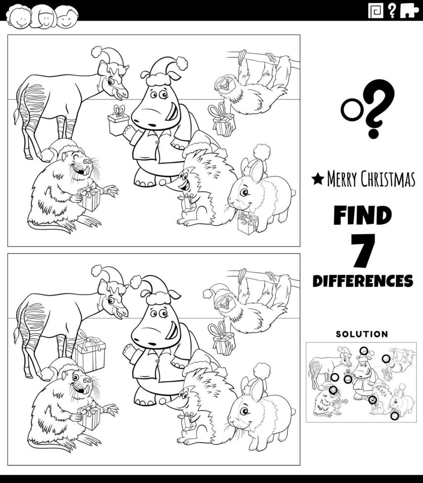 Tarea diferencias con animales en navidad para colorear, pintar e imprimir vector