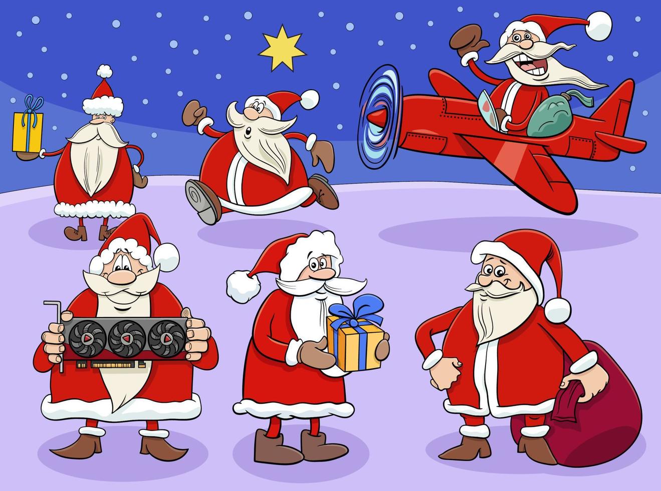 cartoon Santa Clauses characters on Christmas time vector