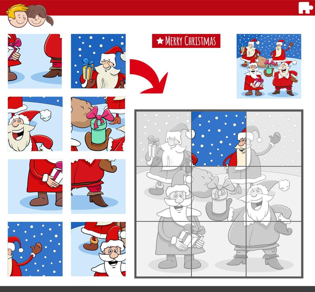 jigsaw puzzle activity with Santa Clauses on Christmas time vector