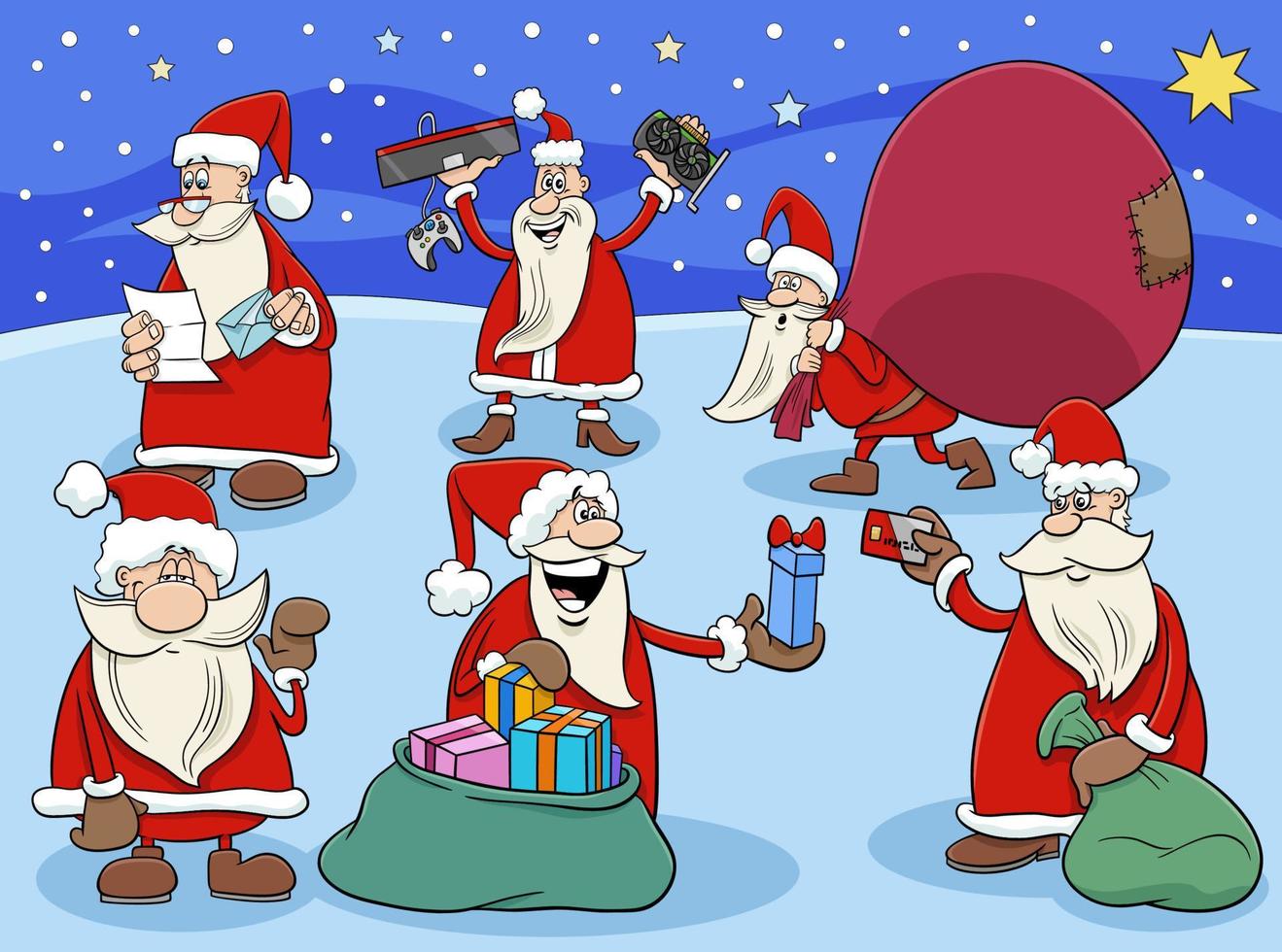 cartoon Santa Clauses characters group on Christmas time vector