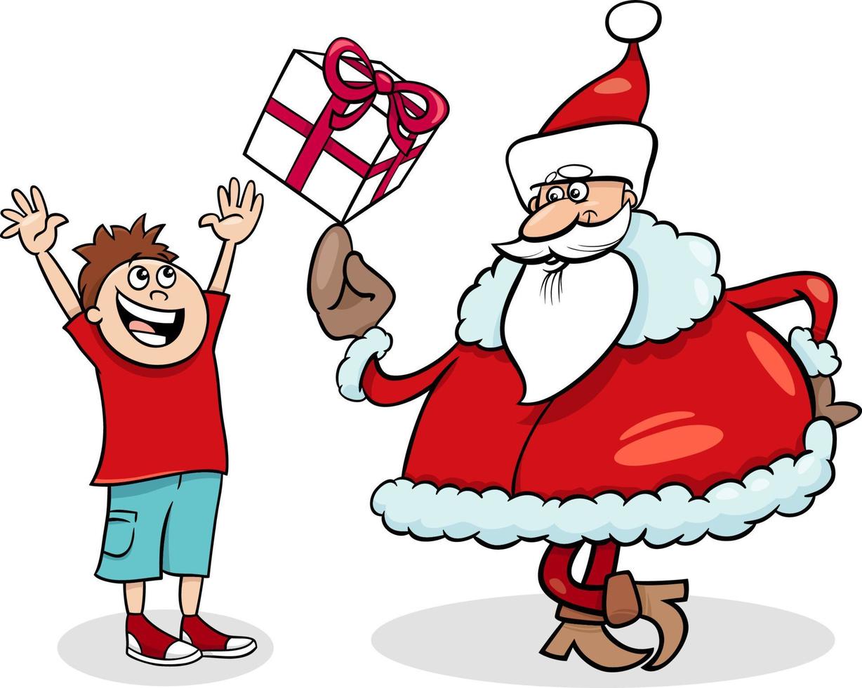 cartoon Santa Claus giving Christmas present to little boy vector