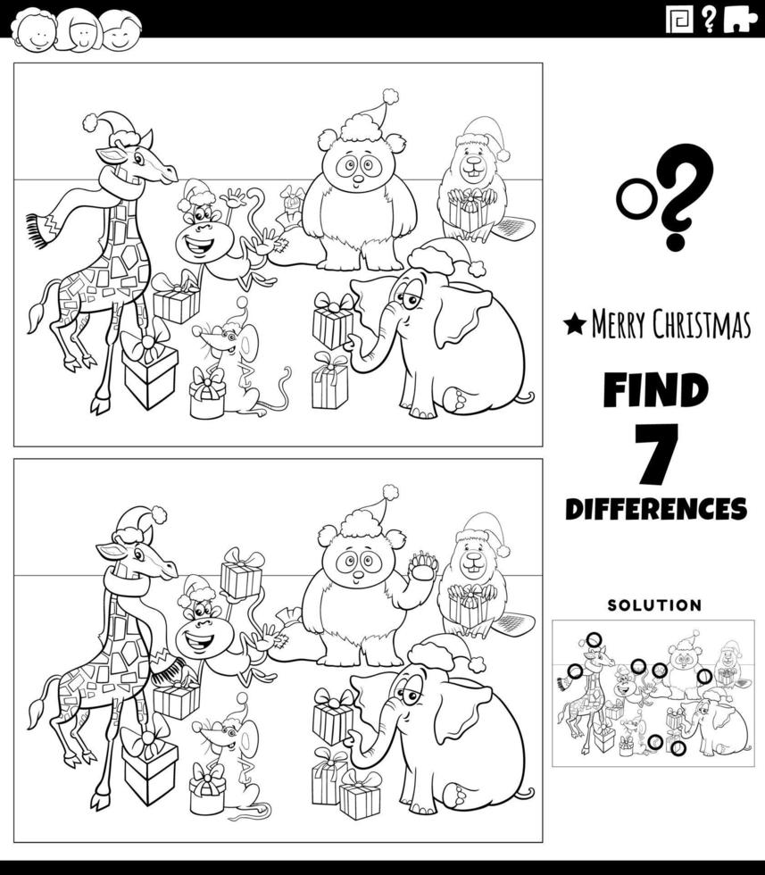 differences activity with animals on Christmas time coloring page vector