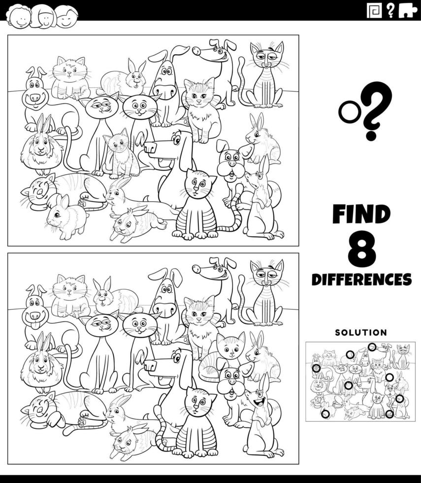 differences game with cartoon dogs and cats and rabbits coloring page vector