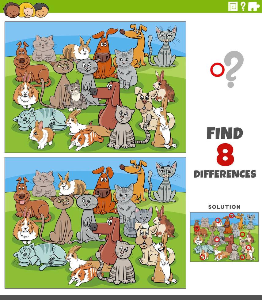 differences game with cartoon dogs and cats and rabbits characters vector