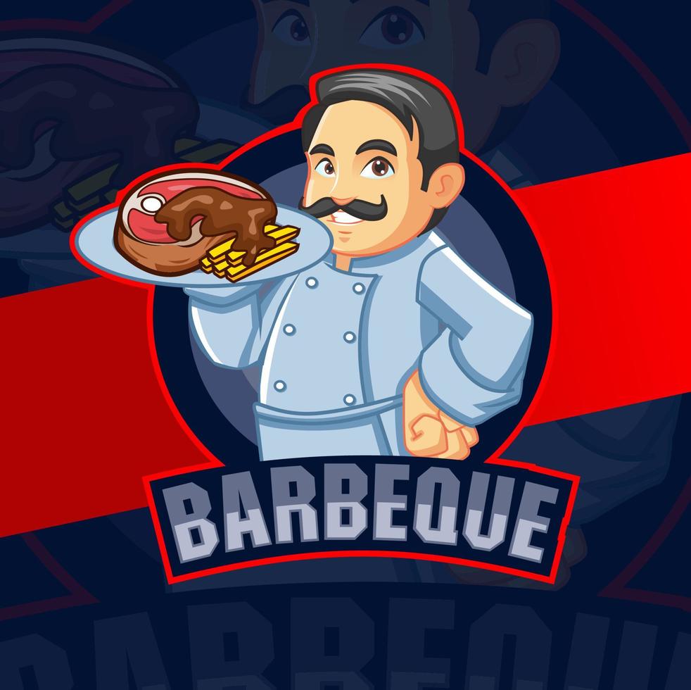 personaje de la mascota del chef de barbacoa para el diseño del logotipo de la comida de la parrilla de barbacoa vector