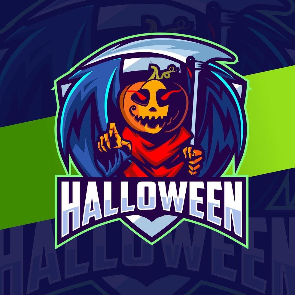 diseño de logotipo de esport de personaje de mascota de halloween de calabaza para celebración de halloween y logotipo de juego vector