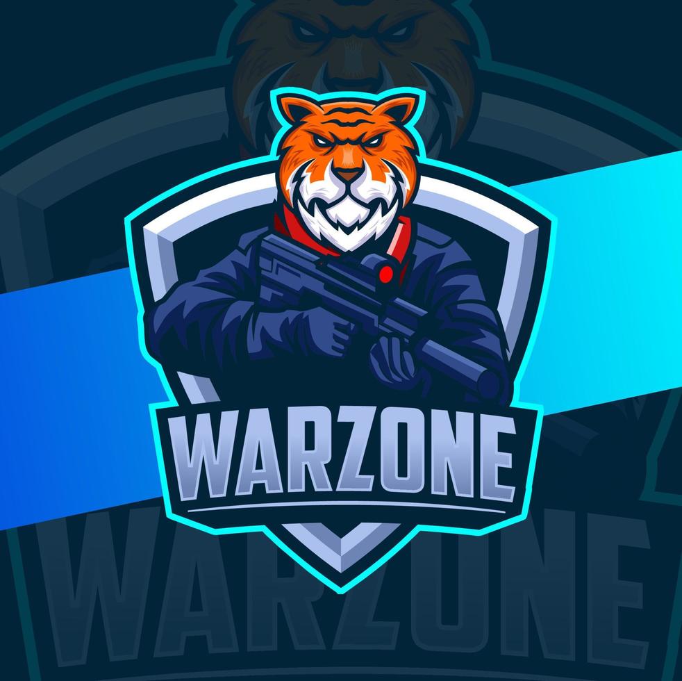 warzone tiger character mascot design with gun and war postion for game and sport logo vector