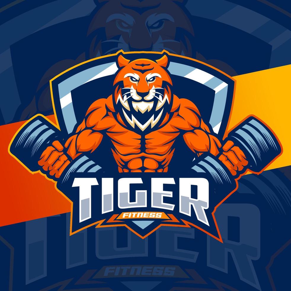 tiger strong fitness character mascot logo design for fitness bodybuilding game and sport logo vector