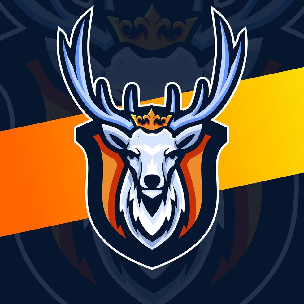 white king deer mascot esport logo design with crown for game and sport logo and illustration vector