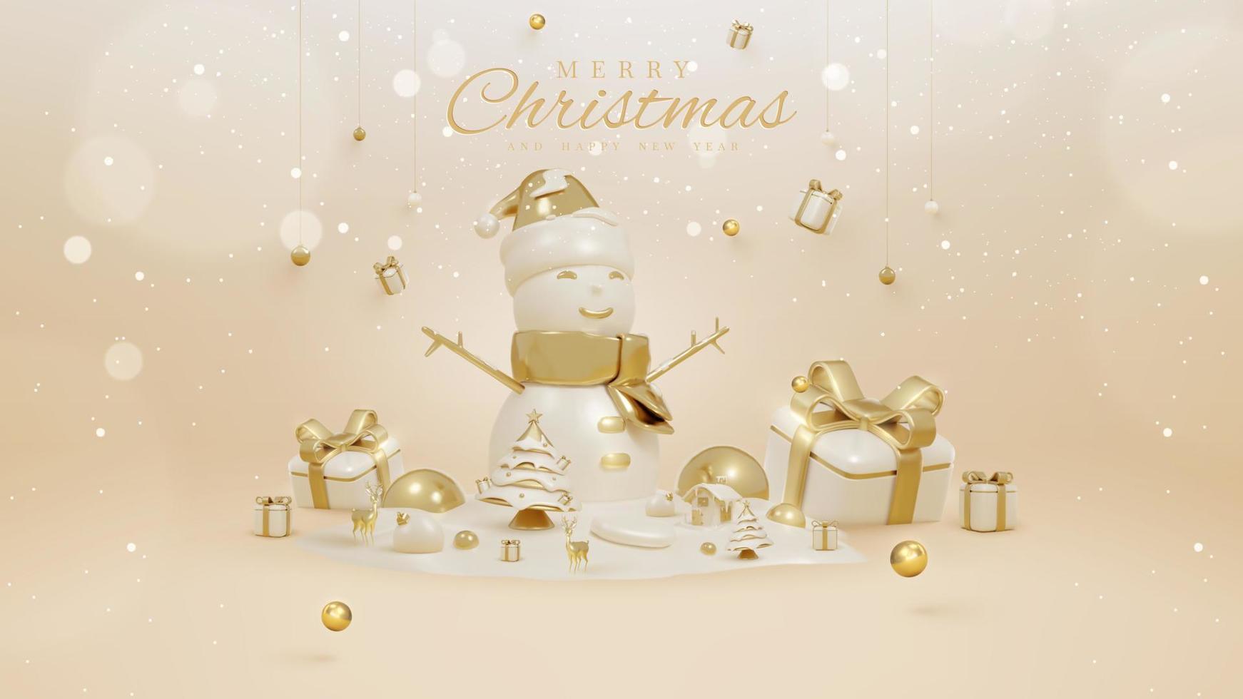 Merry christmas and happy new year with 3d realistic snowman ornaments and gift box, house, tree, ball and sparkling light effect and bokeh decorations and snow. vector