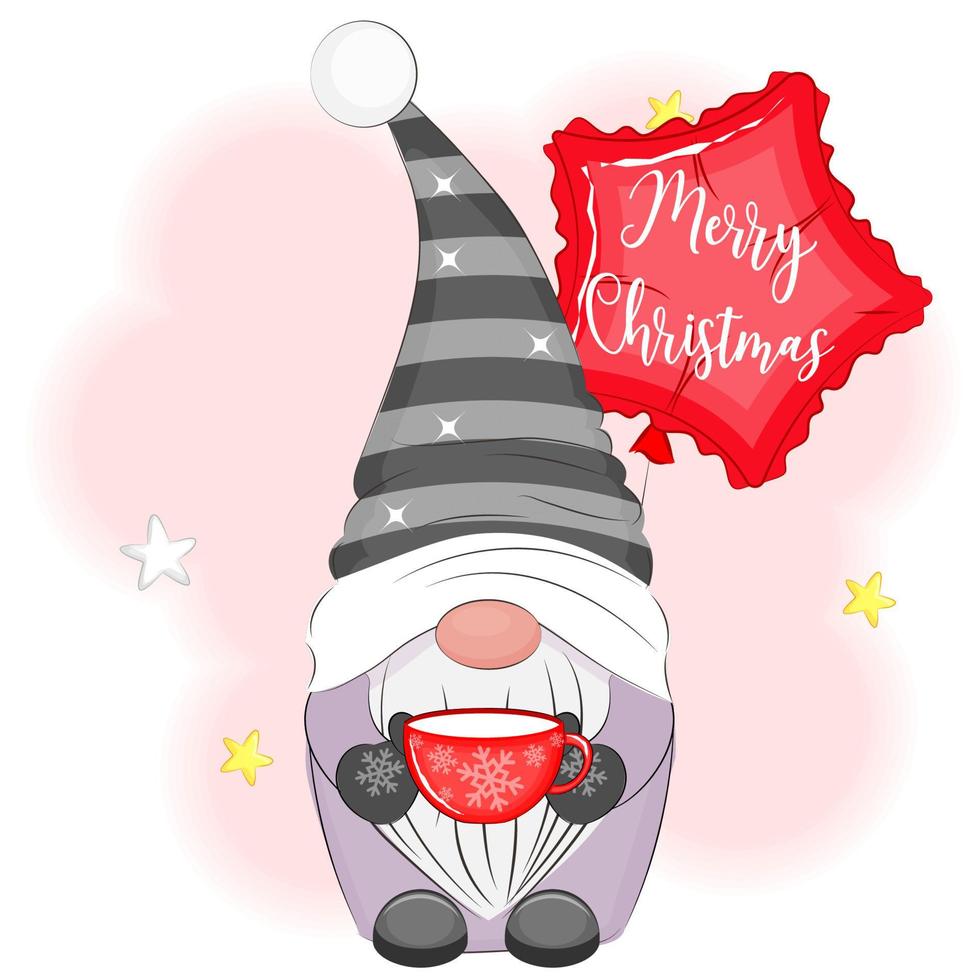 Christmas cute gnome drinking a cup, vector illustration