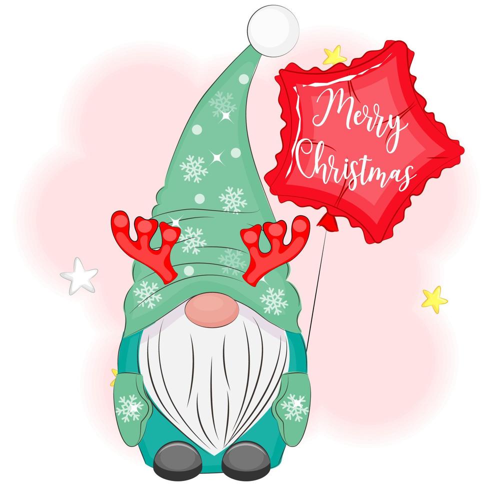 Christmas cute gnome with reindeer antlers vector illustration