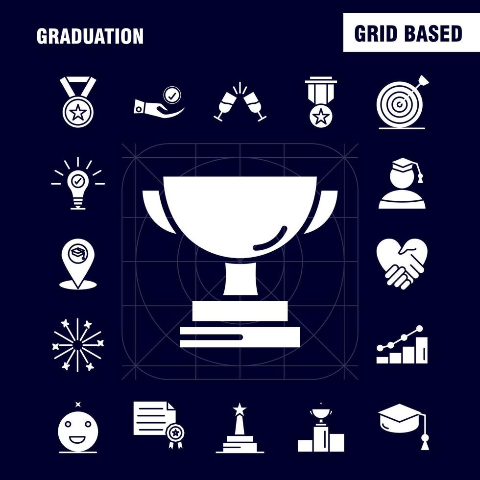 Graduation Solid Glyph Icons Set For Infographics Mobile UXUI Kit And Print Design Include Glass Drink Healthcare Graduation Map Location Medal Award Icon Set Vector