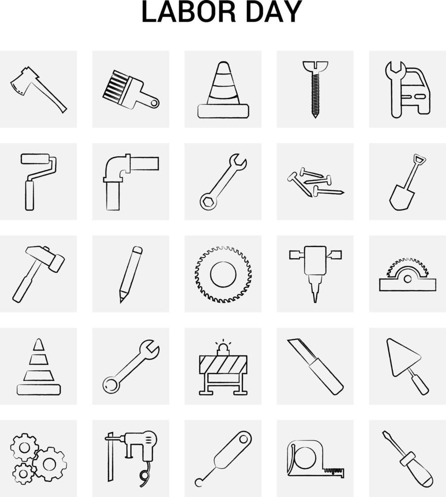 25 Hand Drawn Labor day icon set Gray Background Vector Doodle