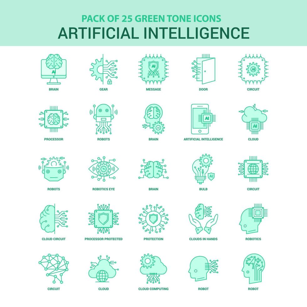 25 conjunto de iconos de inteligencia artificial verde vector