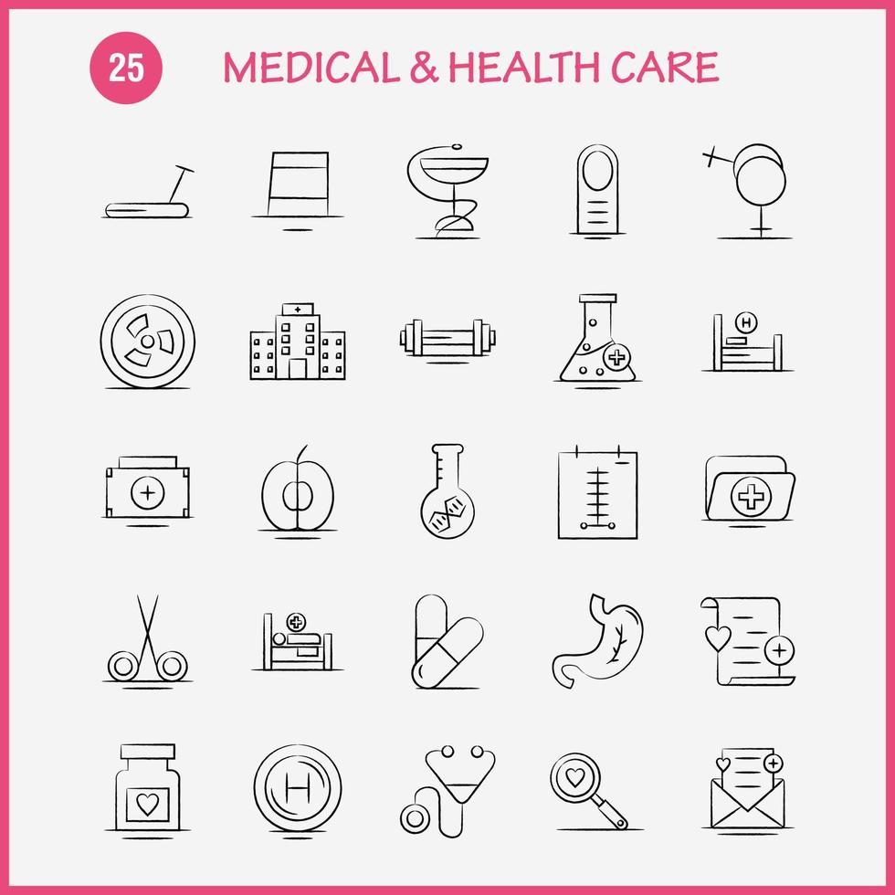 Medical And Health Care Hand Drawn Icon for Web Print and Mobile UXUI Kit Such as Flask Hospital Sign Medical Medical Medicine Data Fan Pictogram Pack Vector