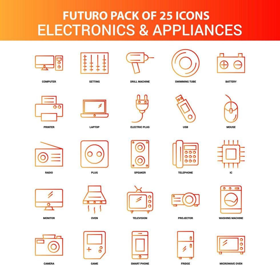 naranja futuro 25 conjunto de iconos de electrónica y electrodomésticos vector