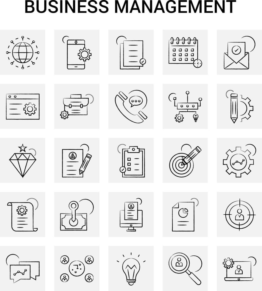 25 iconos de gestión empresarial dibujados a mano conjunto de garabatos vectoriales de fondo gris vector