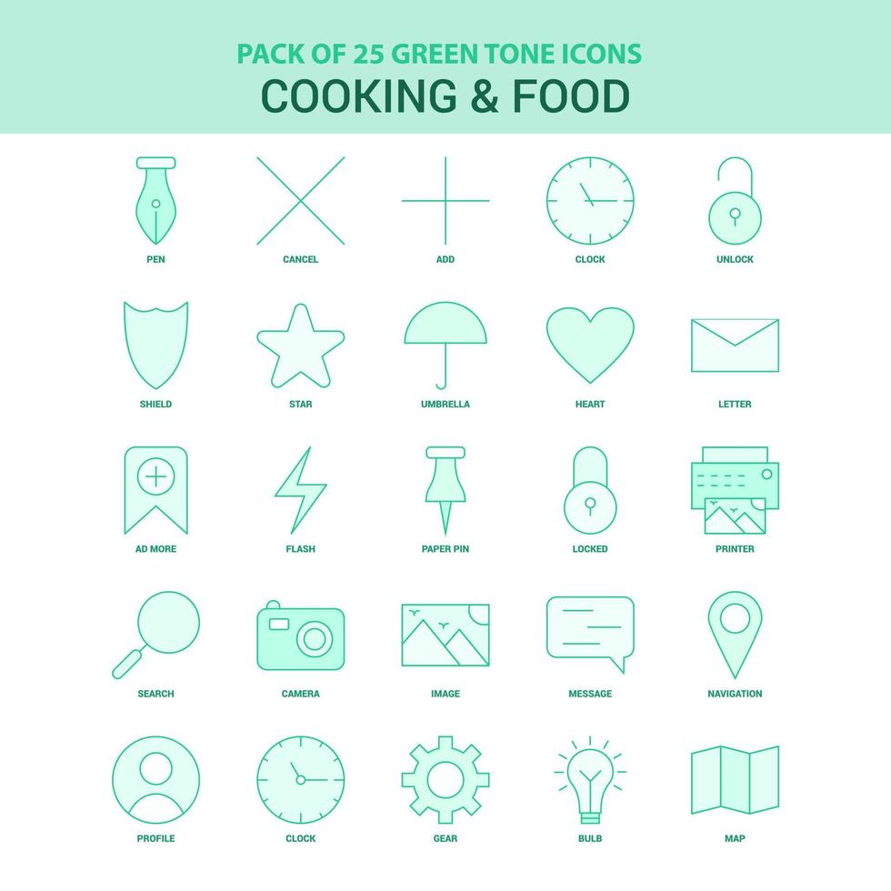 25 conjunto de iconos de cocina y comida verde vector