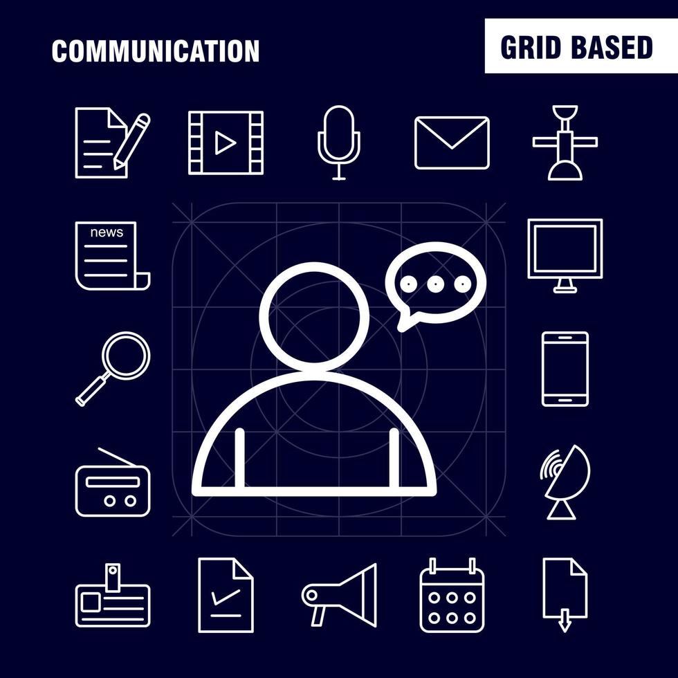 los iconos de la línea de comunicación establecidos para infografías kit uxui móvil y diseño de impresión incluyen computadora portátil dispositivo electrónico auriculares medios música colección de sonido logotipo infográfico moderno y vector