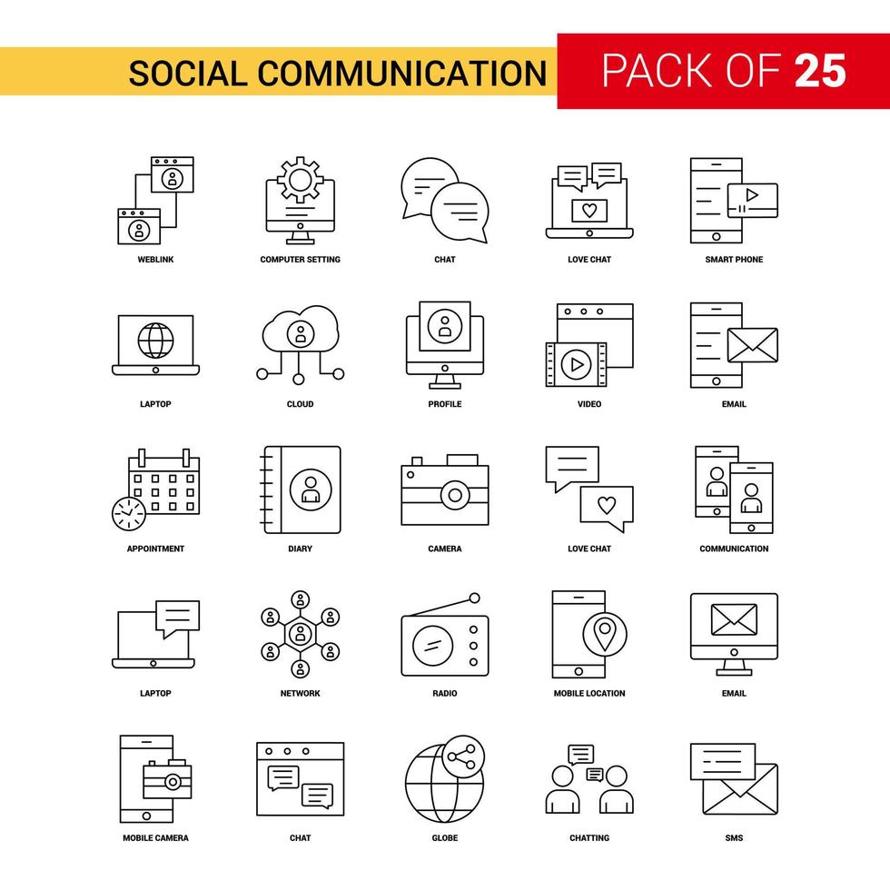 icono de línea negra de comunicación social 25 conjunto de iconos de esquema de negocios vector