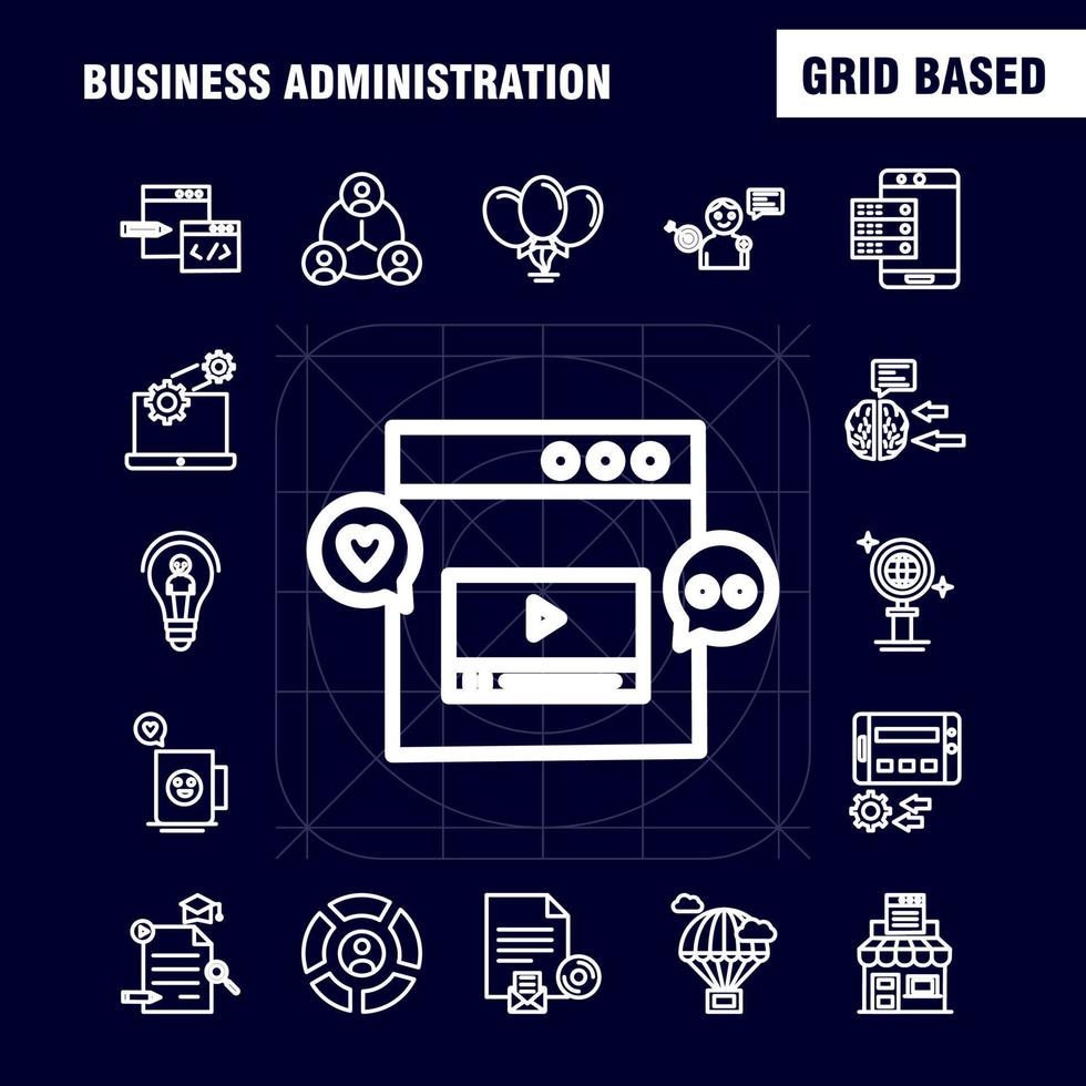 los iconos de la línea de administración de negocios establecidos para el kit de uxui móvil de infografía y el diseño de impresión incluyen el monitor de la pantalla de la computadora, la búsqueda del motor del sitio web del engranaje del avatar, el vector eps 10