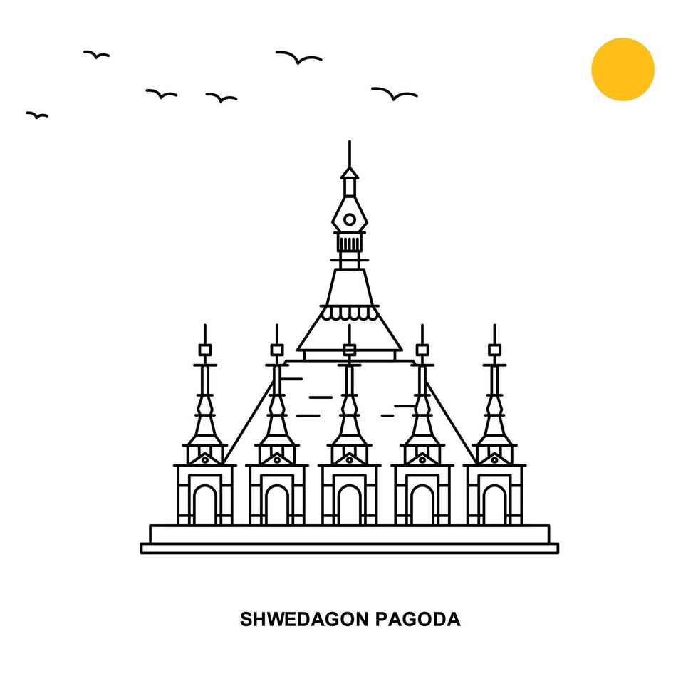 fondo de ilustración natural de viaje mundial de monumento de pagoda de shwedagon en estilo de línea vector