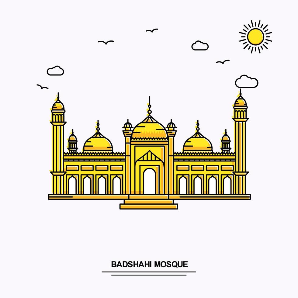 badshahi mezquita monumento plantilla de póster viaje mundial fondo de ilustración amarilla en estilo de línea con escena de la naturaleza de belleza vector