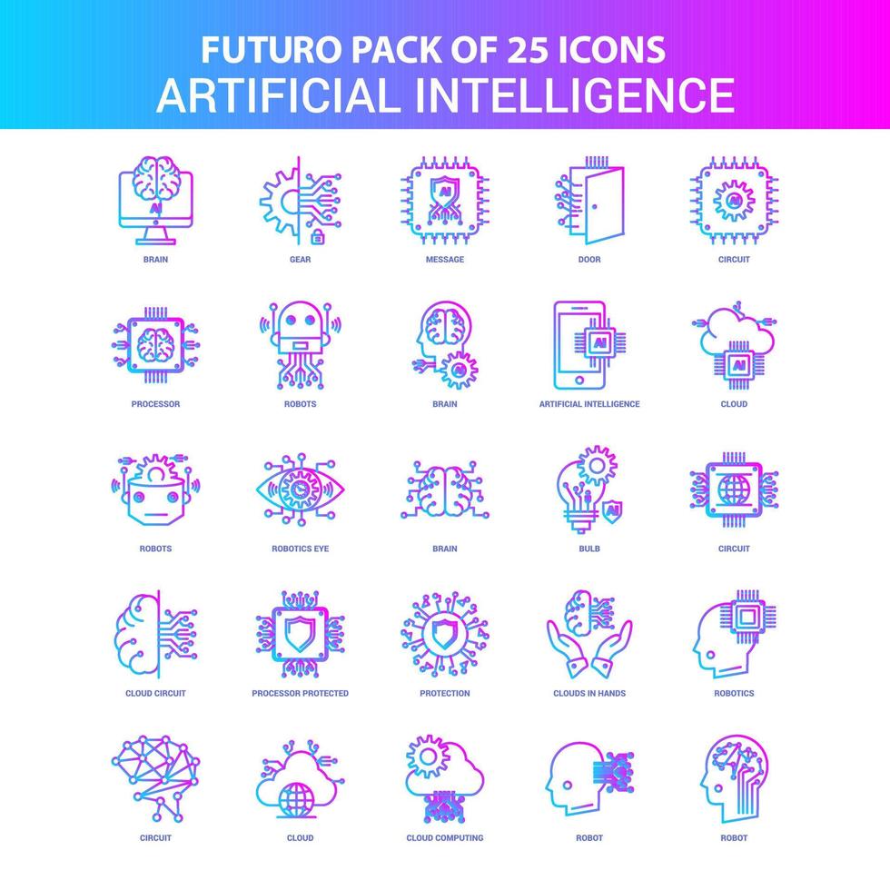 25 paquete de iconos de inteligencia artificial futuro azul y rosa vector