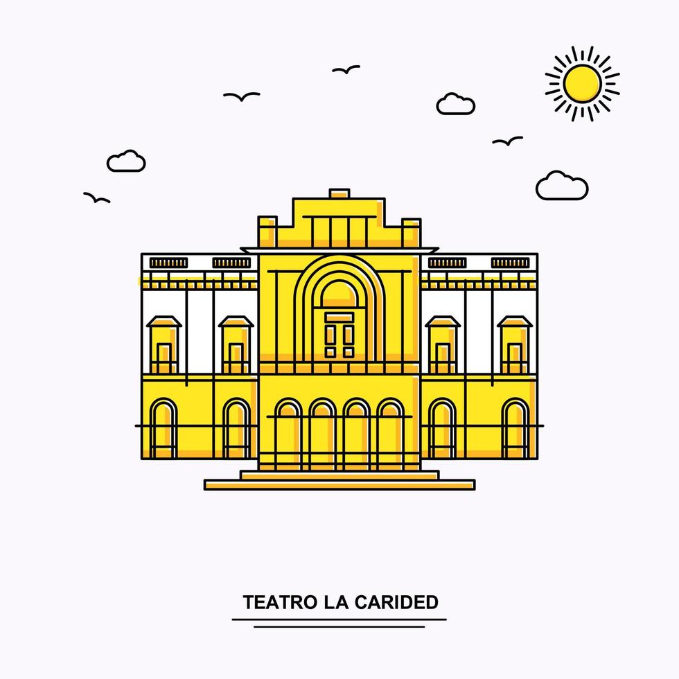 plantilla de póster de monumento de teatro la carided fondo de ilustración de viaje mundial amarillo en estilo de línea con escena de naturaleza de belleza vector