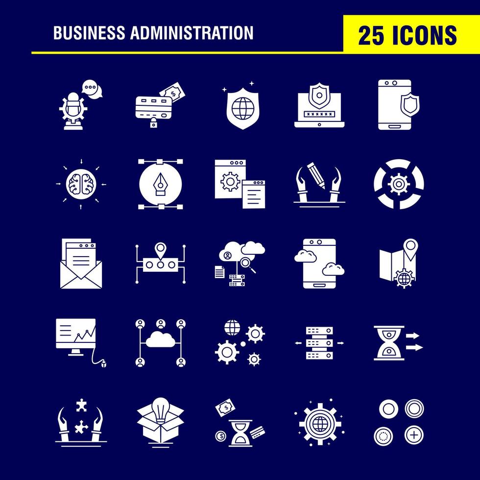 iconos de glifo sólido de administración empresarial establecidos para infografías kit uxui móvil y diseño de impresión incluyen configuración de engranajes motor globo archivos de documentos archivo estrella eps 10 vector