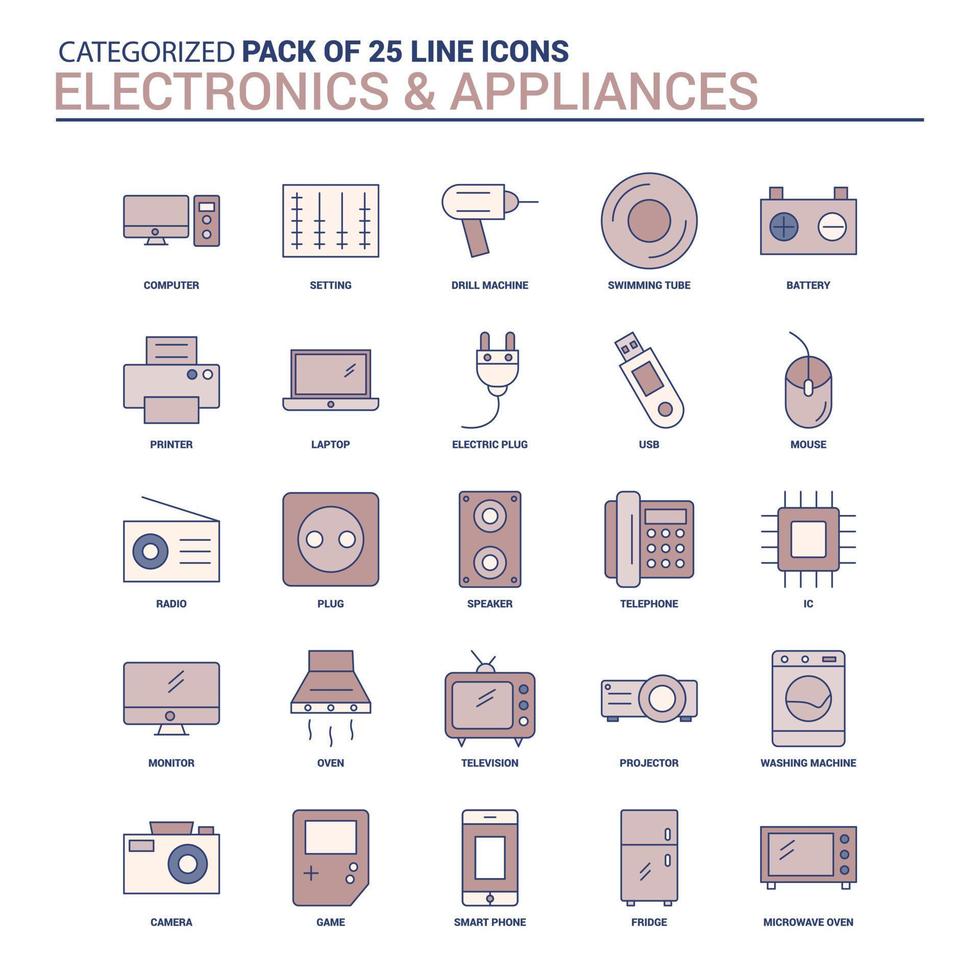 Vintage Electronics and Appliances Icon set 25 Flat Line icon set vector